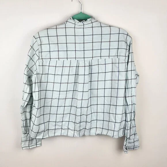 Everlane Windowpane Ruffle Neck Boxy Flannel Button Up Shirt Mint Blue sz S - Picture 2 of 10